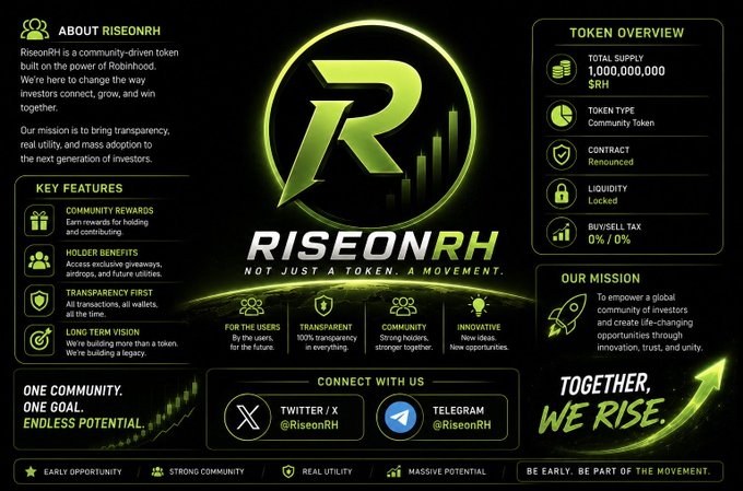 A promotional infographic for the "$RISEONRH" community-driven token on Robinhood, highlighting its 1,000,000,000 total supply, renounced contract, locked liquidity, 0% buy/sell tax, and mission to empower a global community of investors. The post emphasizes building the "next big move" rather than chasing it, aligning with the image's tagline "Not just a token. A movement."