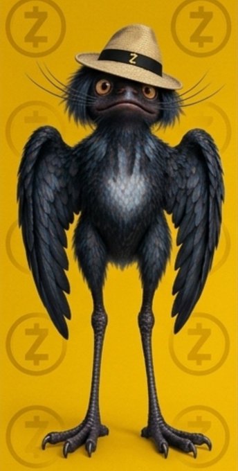 A dark-feathered, bird-like creature with long legs, claws, and orange eyes stands against a yellow background featuring 'Z' symbols, wearing a straw hat with a 'Z' band.