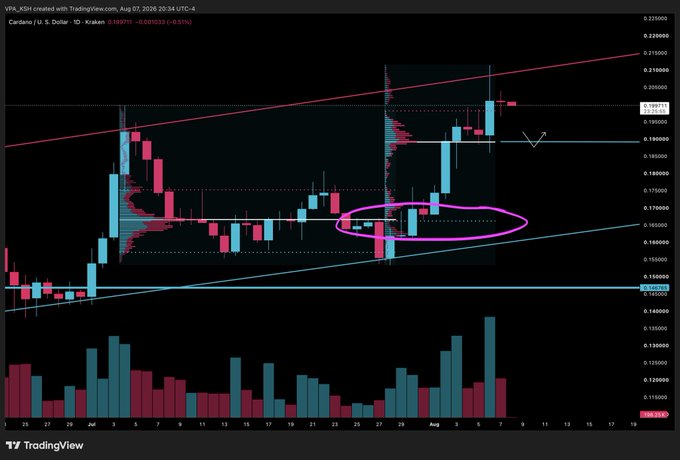 A TradingView candlestick chart for Cardano/U.S. Dollar with annotations showing price action, a circled consolidation area, and volume bars below.