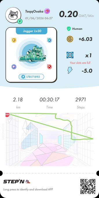 The image shows a screenshot of an app called "StepN" that tracks physical activity, such as walking or running. The app displays information about the user's progress, including their distance traveled, calories burned, and steps taken. It also provides a map for users to follow along with their route during exercise sessions.