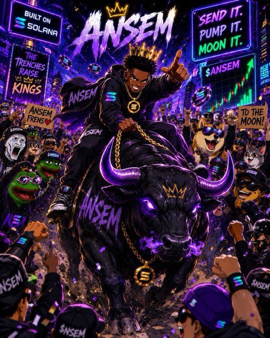 A vibrant promotional graphic featuring a crowned figure riding a purple bull with "ANSEM" branding, surrounded by meme characters, with text reading "BUILT ON SOLANA," "THE TRENCHES RAISE KINGS," "SEND IT. PUMP IT. MOON IT." and "TO THE MOON!"