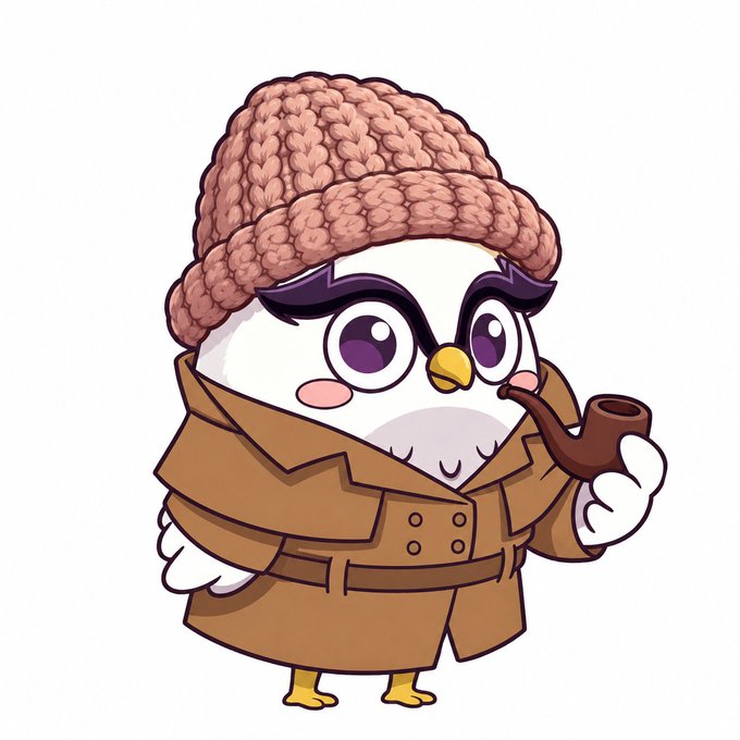 An illustration of a cute cartoon owl wearing a knit beanie and a brown trench coat, holding a smoking pipe.