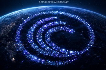 A glowing blue spiral pattern of interconnected light points swirls across the curved surface of Earth from space, with the hashtag "#BitTorrentCommunity" displayed at the top, visually representing the expansive and interconnected nature of BitTorrent's blockchain activity following deployment.