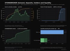 A dashboard titled 'STONEBROKER demand, deposits, holders and liquidity' displaying various graphs and metrics related to the project.
