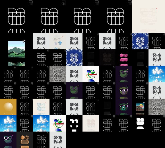 A grid of various small images and graphics, including pixel art, abstract patterns, clouds, and what appears to be a repetitive 'BB' logo design on a black background.