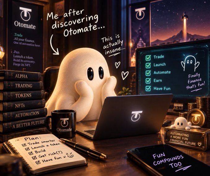 A promotional graphic features a cute white ghost character at a laptop surrounded by books labeled 'ALPHA', 'TRADING', 'TOKENS', 'NFTS', and 'AUTOMATION', with handwritten notes including 'Me after discovering Otomate...', 'This is actually insane...', and 'Finally finance that's fun!'.
