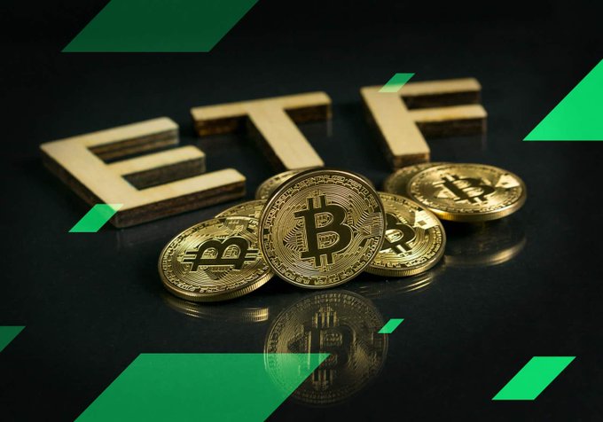 A 3D rendering of golden Bitcoin coins stacked in front of the letters 'ETF' on a dark reflective surface, accented with green geometric shapes.