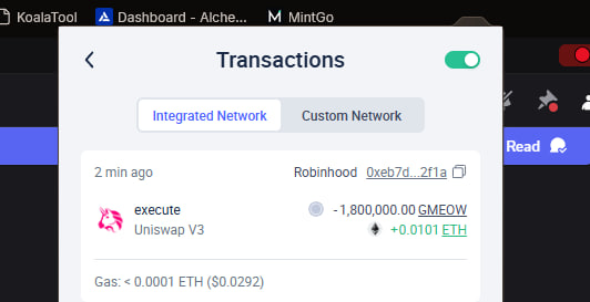 The image shows a "Transactions" panel from a crypto dashboard displaying a recent "execute Uniswap V3" trade for -1,800,000.00 GMEOW at a price of 0.0101 ETH, with the sender identified as Robinhood (0xeb7d...2f1a) and gas fees of <0.0001 ETH ($0.0292). This illustrates the post's theme of having to stay active around-the-clock chasing small, frequent trades, where gas fees often exceed the modest profits earned.