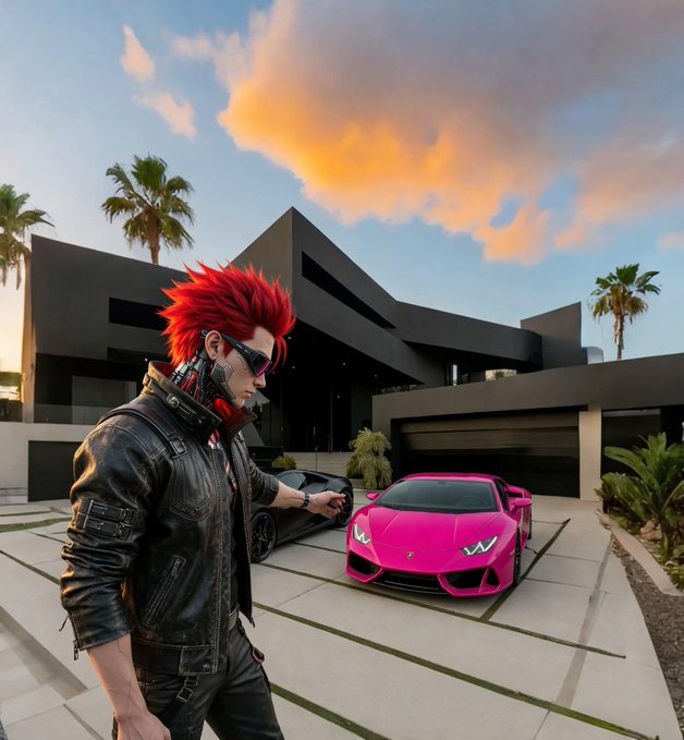 The post asks about first crypto purchase, referencing $SOL, paired with a glamorous image of a red-haired, sunglasses-wearing figure in a leather jacket standing before a modern mansion and a bright pink Lamborghini. The luxurious, wealthy aesthetic of the scene visually aligns with the aspirational lifestyle often associated with early crypto adopters seeking financial freedom.