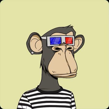A cartoon monkey wearing 3D glasses (red/blue) and a black-and-white striped shirt, styled similarly to Bored Ape Yacht Club NFTs. The post invites followers to choose "Left or right," referencing the Bored Ape community handle @BoredApeYC.