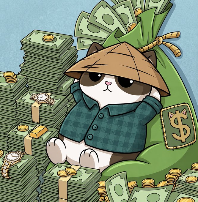 The image features a cartoon cat wearing a hat, sitting atop stacks of money. The cat appears to be lounging or resting comfortably while surrounded by the piles of cash. The caption above the image reads "GM (Get Money) Locked In with new day!". This suggests that the image is related to an advertisement for GM's Locked-In feature, which allows users to lock in a specific amount of money and receive it as a fixed payment each month without any additional charges or fees.