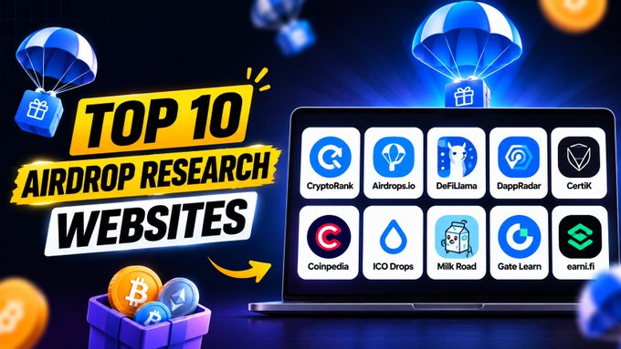 A vibrant promotional graphic titled "TOP 10 AIRDROP RESEARCH WEBSITES" features a laptop displaying logos for sites like CryptoRank, Airdrops.io, DeFiLlama, DappRadar, CertiK, Coinpedia, ICO Drops, Milk Road, Gate Learn, and earn.fi, with parachuting gift boxes and a basket of crypto coins reinforcing the airdrop theme that aligns with the post's curated list of research resources.
