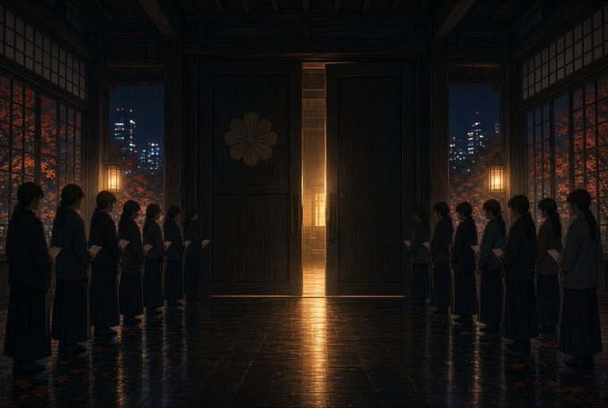 An atmospheric nighttime scene of figures in dark traditional Japanese clothing standing on both sides of large wooden doors with a chrysanthemum crest, opening to reveal warm light, with a city skyline visible in the background.