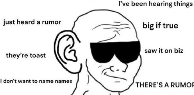 A "Business Insider" meme features a cartoon man in sunglasses surrounded by vague rumor-related phrases like "I've been hearing things," "just heard a rumor," "big if true," and "saw it on biz." The image humorously illustrates the post's speculative tone, as the author hedges about hearing unconfirmed information regarding Neutrl's trading strategy.