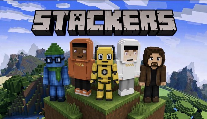 The image features Minecraft-style blocky character avatars standing on a grass platform with the bold "STACKERS" logo prominently displayed above them, promoting the $STACK token. The lineup includes diverse characters in various outfits (blue winter gear, orange hoodie, yellow robot suit, white hoodie, and brown jacket) representing the Stackers community.