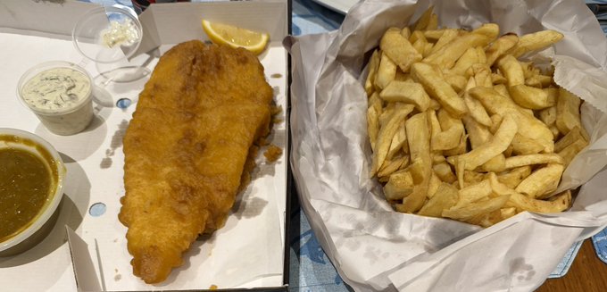 A classic British fish and chips meal featuring a large battered cod fillet with a side of tartar sauce and mushy peas, alongside a generous portion of golden fries served in paper. The "Oi oi" caption reflects a casual, playful British tone fitting for this traditional pub-style takeaway.