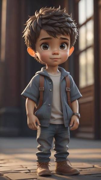 The image features a young boy wearing a blue shirt, jeans, and brown shoes standing outside of a building with a window. The boy has short hair and looks sad or thoughtful as he gazes into the distance. There are no texts or other objects in the image that provide additional information about the post.