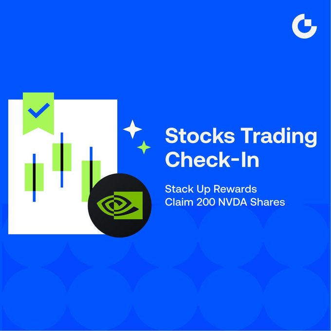 A blue square graphic featuring a candlestick chart graphic with a checkmark and the NVIDIA eye logo, promoting a "Stocks Trading Check-In" event where users can stack up rewards and claim 200 NVDA shares, with a Gate.io logo in the top right corner.