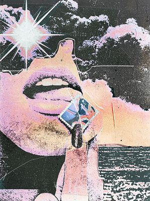 A grainy, punk-style collage image showing a close-up of a person's open mouth with a small photograph pasted over it, set against a black background with stars and a distressed beach scene.