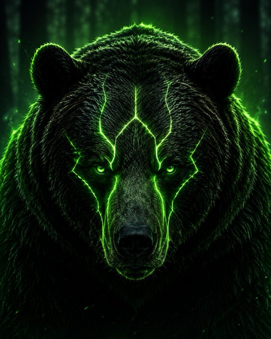 A menacing black bear with glowing green eyes stands in a dark forest, illuminated by electric green lightning-like cracks across its face. The image's powerful, fierce bear symbolism aligns with the post's hype for the "black bear" token launch on the SOL blockchain, evoking strength and anticipation.
