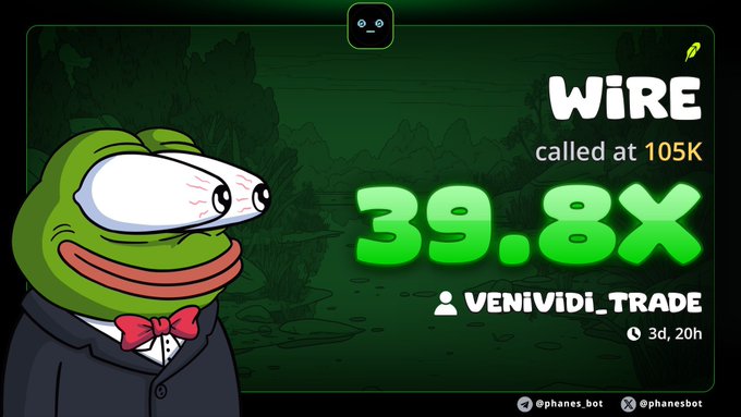 A crypto trading notification card showing a Pepe character with 'WIRE called at 105K' and a '39.8X' return for VENIVIDI_TRADE, credited to @phanes.bot.