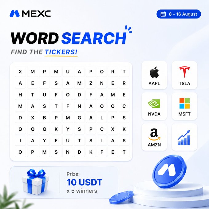 A MEXC 'Word Search' promotional game (8-16 August) where users find stock tickers (AAPL, TSLA, NVDA, MSFT, AMZN) in a letter grid, with a prize of 10 USDT for 5 winners.