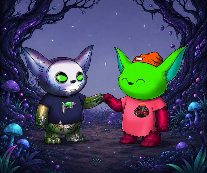 An illustration of two cartoon-like creatures, one gray and robotic and the other green and wearing an orange cap, bumping fists in a magical forest setting at night.
