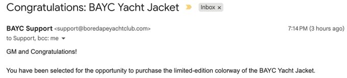 An email notification titled 'Congratulations: BAYC Yacht Jacket' from BAYC Support informs the recipient of an opportunity to purchase a limited-edition colorway.