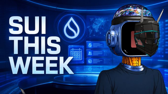 A promotional graphic reading 'SUI THIS WEEK' features a character wearing a helmet with a Sui logo and digital interface elements in the background.