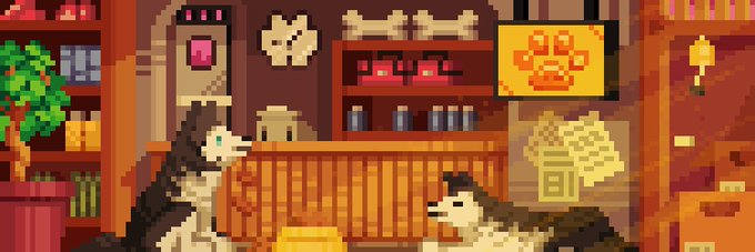 A pixel art scene depicts two dogs inside a cozy pet shop, with a prominent yellow sign featuring an orange paw print and crown hanging above shelves stocked with bones, books, and pet supplies. The image captures a warm tribute to dogs, matching the post's reminder to show love to your doggo.
