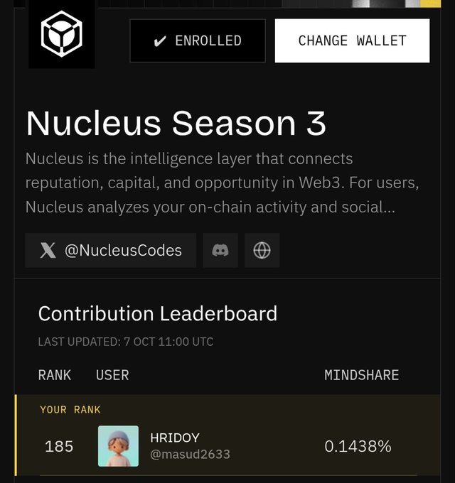 A user interface screenshot displays the "Nucleus Season 3" contribution page, with the account "HRIDOY @masud2633" ranked 185th with a mindshare of 0.1438%.