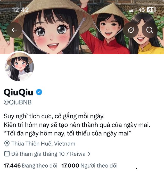 A Twitter profile for 'QiuQiu' (@QiuBNB) features an anime-style header, a verified blue checkmark, and a bio in Vietnamese including the quote 'Suy nghĩ tích cực, cố gắng mỗi ngày' and location 'Thừa Thiên Huế, Vietnam'.