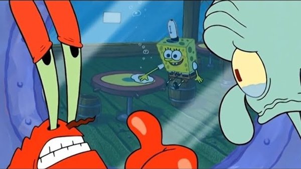 A SpongeBob SquarePants meme showing Mr. Krabs and Squidward looking distressed while watching SpongeBob in the background.