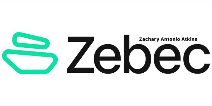 A logo with a teal geometric icon and the text 'Zebec' in black, with 'Zachary Antonio Atkins' written above it.