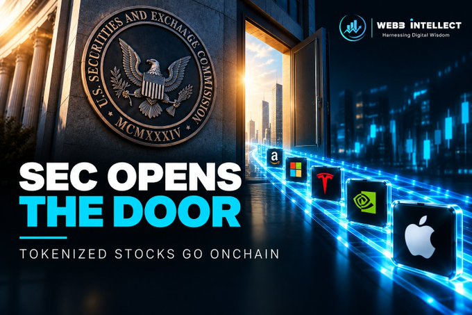 A digital banner from "WEB3 INTELLECT" proclaims "SEC OPENS THE DOOR — TOKENIZED STOCKS GO ONCHAIN," featuring the U.S. Securities and Exchange Commission seal alongside illuminated blocks displaying Amazon, Microsoft, Tesla, NVIDIA, and Apple logos to illustrate the post's announcement of the SEC's new Innovation Exemption, which gives qualifying platforms a five-year runway to bring U.S. stocks onto the blockchain.