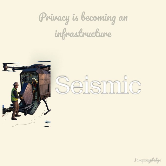 A cream-colored graphic with the text 'Privacy is becoming an infrastructure' and 'Seismic' displayed alongside a person working on a futuristic aircraft/helicopter.