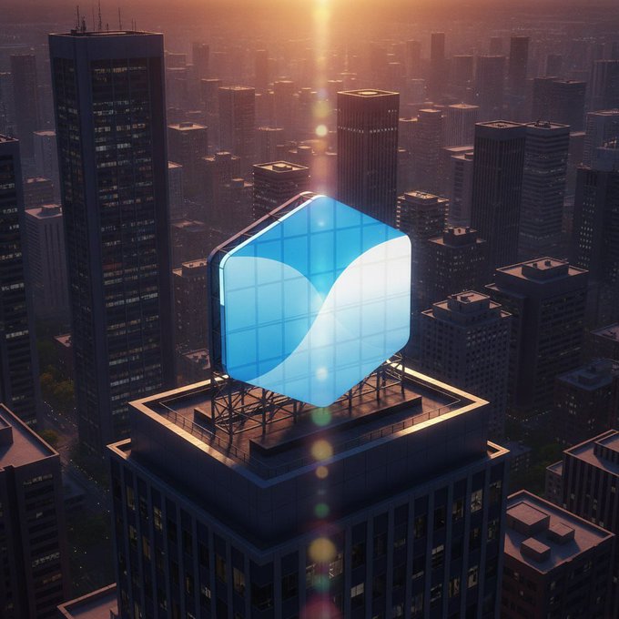 An AI-generated image of a large illuminated blue cube-shaped sign mounted on a rooftop, featuring an infinity symbol, overlooking a sprawling cityscape at sunset.