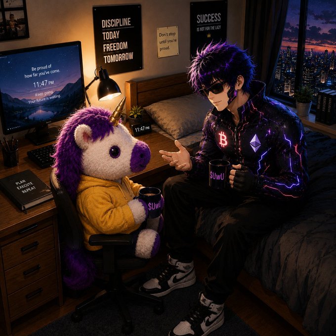 An anime-style digital illustration of a person with purple hair in black attire with BTC and Ethereum logos, sitting on a bed and holding a mug labeled 'SUWU' while conversing with a purple unicorn plushie in a yellow hoodie.