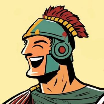 The image features a cartoon illustration of a man wearing a helmet with a red feather at the top. The man has a big smile on his face as he looks directly at the camera. The background of the image is yellow, which contrasts nicely with the man's green and orange outfit. There are no texts or other objects in the image, making it a simple yet engaging visual composition that focuses solely on the man and his cheerful expression.