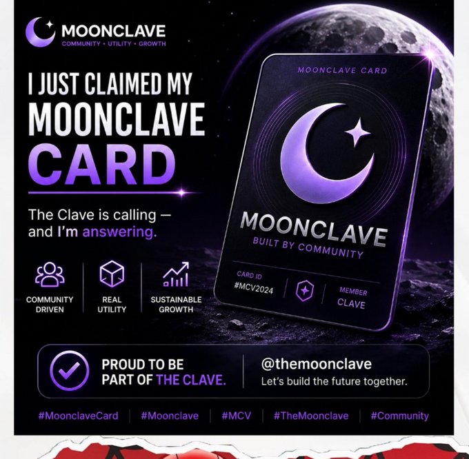 A purple-themed graphic reads 'I JUST CLAIMED MY MOONCLAVE CARD' alongside an image of the digital card displaying 'BUILT BY COMMUNITY' and tagged with #MoonclaveCard and @themoonclave.
