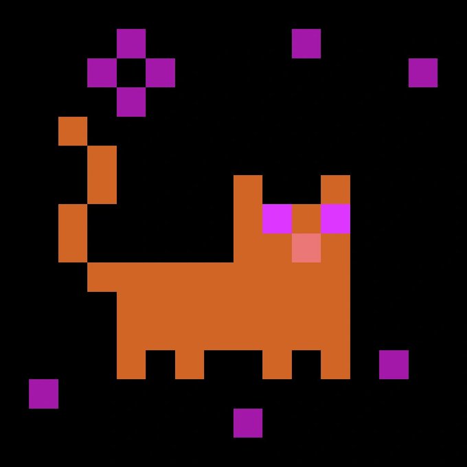 A pixel art illustration of an orange cat with purple eyes surrounded by purple floating blocks on a black background.
