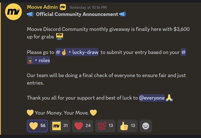 A Discord announcement from "Moove Admin" promotes a $3,600 community giveaway, directing users to the #🍀・lucky-draw channel to submit entries based on their roles. The message emphasizes a final team check for fair entries and ends with "Your Money. Your Move." alongside 56 yellow hearts, 31 "mv" emojis, and other reaction counts.