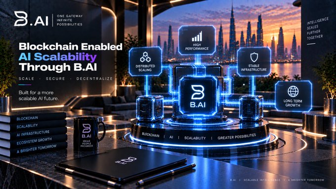 A promotional banner for 'B.AI' advertising 'Blockchain Enabled AI Scalability Through B.AI' with tags 'SCALE • SECURE • DECENTRALIZE' and 'Built for a more scalable AI future,' showing features like High Performance, Distributed Scaling, Stable Infrastructure, and Long Term Growth.