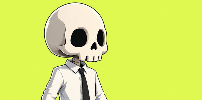 A cartoon illustration of a skeleton wearing a white dress shirt and black tie against a bright green-yellow background.