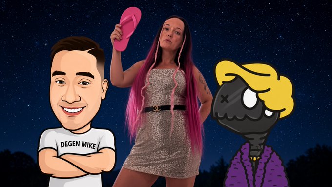 A promotional image featuring a cartoon avatar labeled 'DEGEN MIKE', a woman in a sequined dress holding a pink flip-flop, and a cartoon skeleton character with blonde hair against a starry night background.