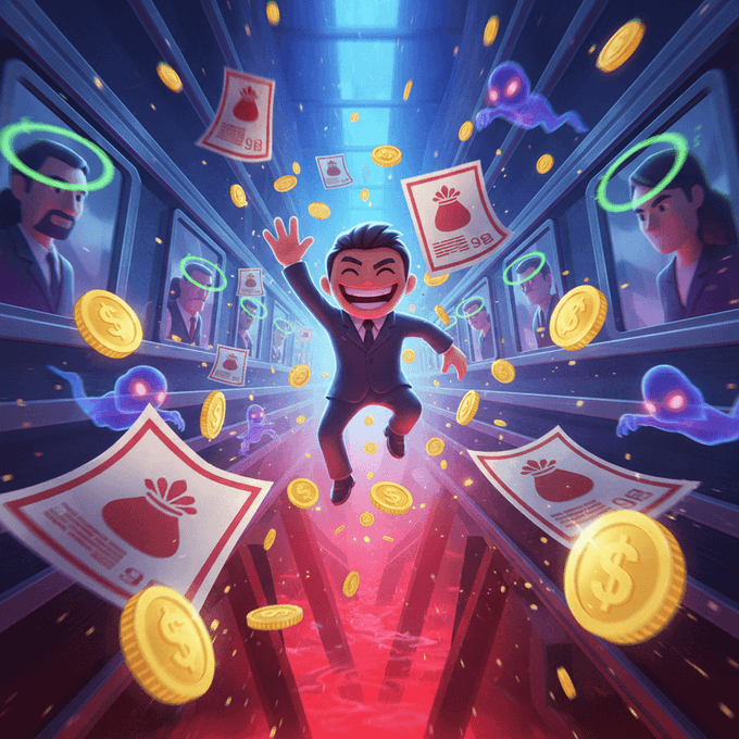 The image features a man jumping up into the air while surrounded by floating gold coins, which are falling from the ceiling around him. The scene takes place inside an elevator or tunnel with multiple doors, creating a sense of depth and mystery. The man is wearing a suit and tie, adding to the overall atmosphere of the scene. The post about playing for free-falling down an endless elevator shaft and dodging everything in its way suggests that this could be part of a video game or virtual reality experience where players must navigate through various obstacles while trying to reach their goal.