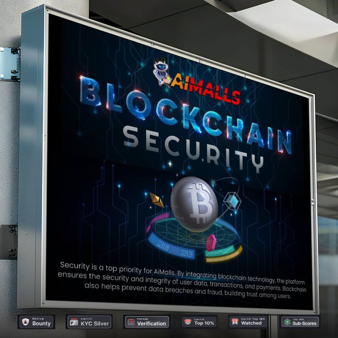 Advertisement billboard for 'AiMalls Blockchain Security' featuring a Bitcoin symbol and text explaining blockchain integration for user data, transactions, and payment security.