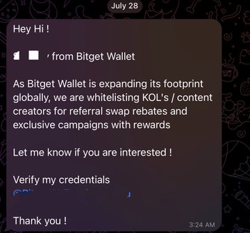 A screenshot of a WhatsApp or messaging app message dated July 28 at 3:24 AM from 'Bitget Wallet' inviting KOL/content creators to referral swap rebates and exclusive campaigns.