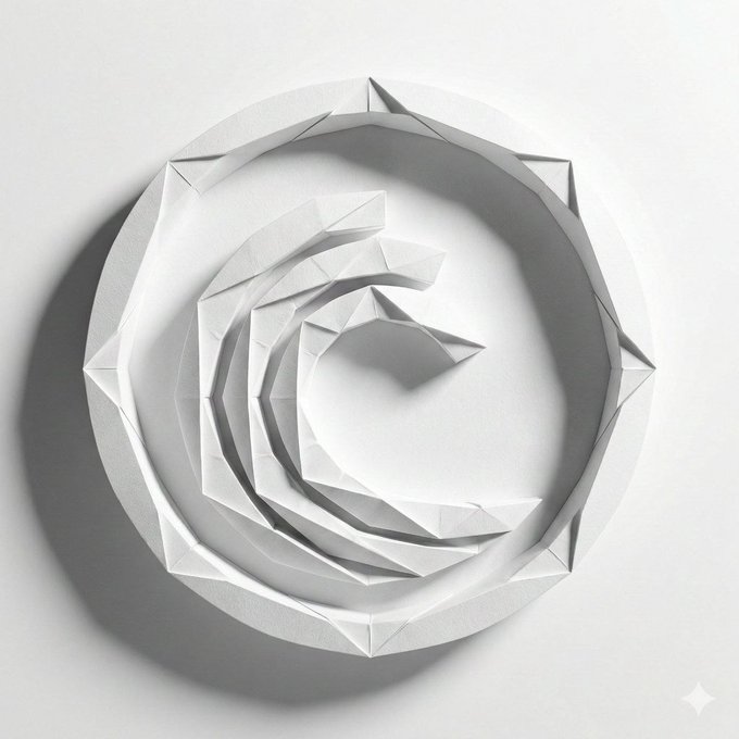 A geometric origami-style spiral logo in white/gray paper-like texture on a light background, with a small diamond/star icon in the bottom right corner.
