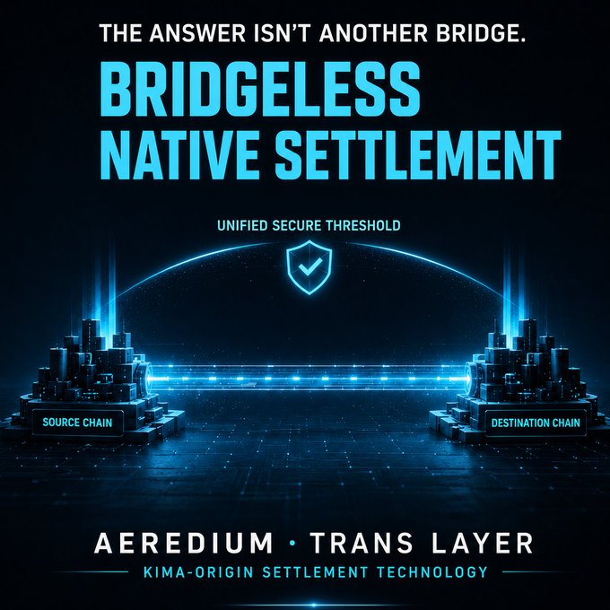 A futuristic promotional graphic for 'BRIDGELESS NATIVE SETTLEMENT' by AEREDIUM TRANS LAYER, featuring glowing 'SOURCE CHAIN' and 'DESTINATION CHAIN' cityscapes connected by a 'UNIFIED SECURE THRESHOLD'.